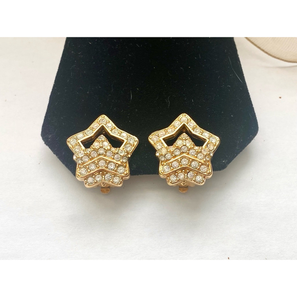 Vintage Rhinestone Star Crown Earrings Gold tone Clip on. - Picture 3 of 5